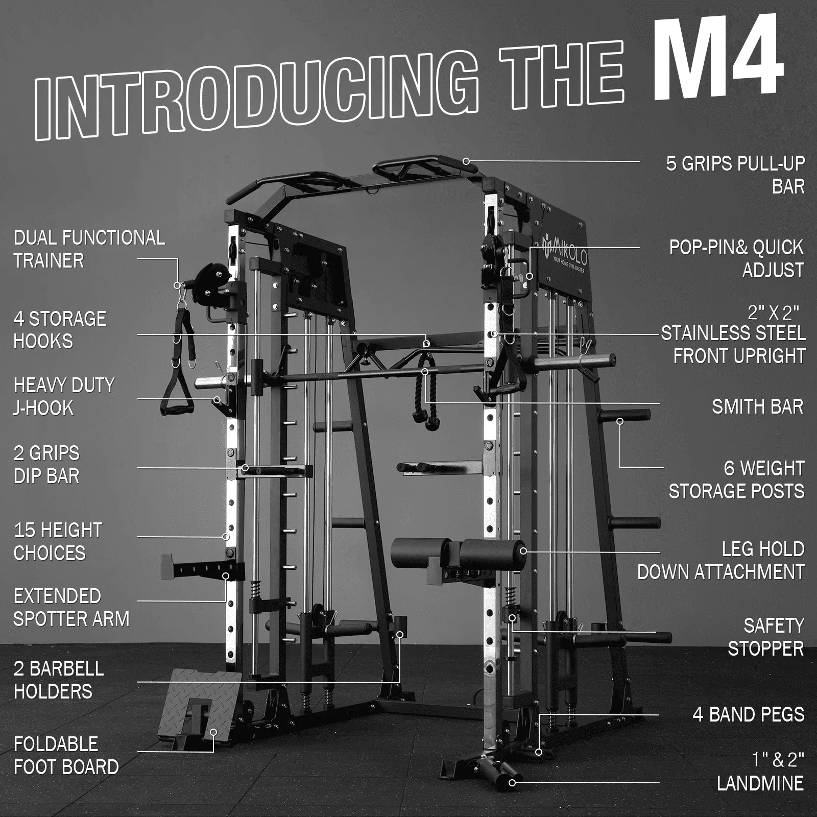 Smith Machine with 18Pcs Aluminum Pulley, 2200 Lbs Power Rack Cage with Cable Crossover, Weight Bar, 360° Landmine, Barbell Holders and Other Attachments, Total Body Strength Training Cage