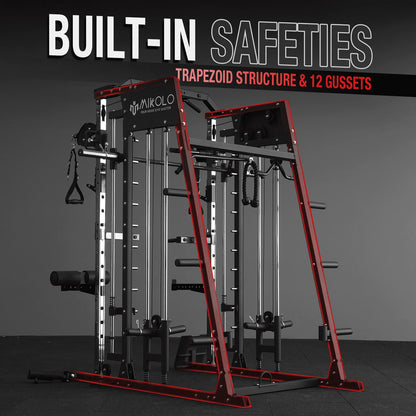 Smith Machine with 18Pcs Aluminum Pulley, 2200 Lbs Power Rack Cage with Cable Crossover, Weight Bar, 360° Landmine, Barbell Holders and Other Attachments, Total Body Strength Training Cage