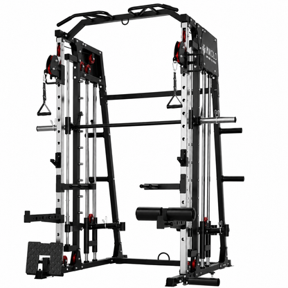 Smith Machine with 18Pcs Aluminum Pulley, 2200 Lbs Power Rack Cage with Cable Crossover, Weight Bar, 360° Landmine, Barbell Holders and Other Attachments, Total Body Strength Training Cage