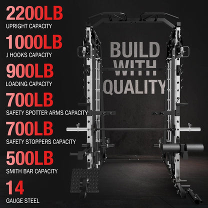 Smith Machine with 18Pcs Aluminum Pulley, 2200 Lbs Power Rack Cage with Cable Crossover, Weight Bar, 360° Landmine, Barbell Holders and Other Attachments, Total Body Strength Training Cage