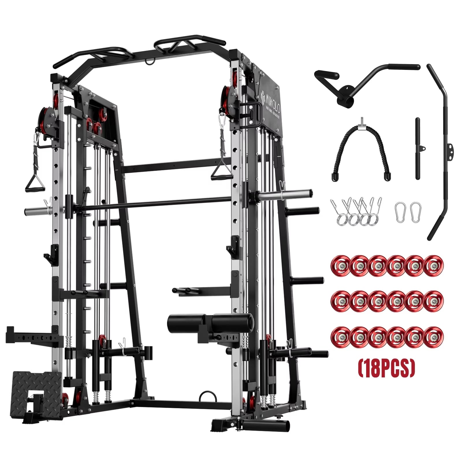Smith Machine with 18Pcs Aluminum Pulley, 2200 Lbs Power Rack Cage with Cable Crossover, Weight Bar, 360° Landmine, Barbell Holders and Other Attachments, Total Body Strength Training Cage